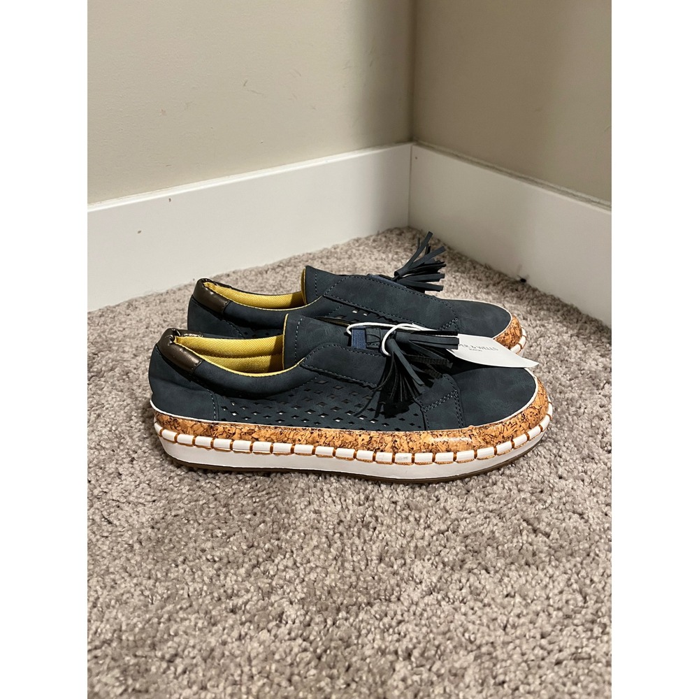 Harper & Wells Boston Navy Blue Perforated Tassel Cork Platform Sneakers NEW